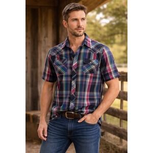 Outlaw Men's 1X Western Pearl Snap Shirt Plaid Short Sleeve Big & Tall